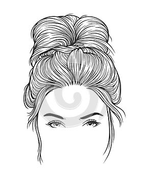 Pretty woman with a messy bun hairstyle. Hand drew vector line art illustration
