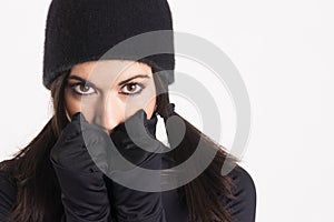 Pretty Woman Outlaw in Black Stealth Outfit Black Gloves Cap