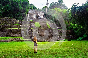 Pretty Woman in Palenque pyramids Mexico