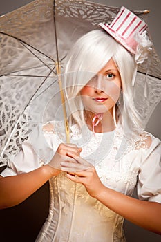 Pretty Woman with Parasol and Classic Dress