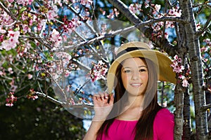 Pretty Woman in Pink under cherry blossoms