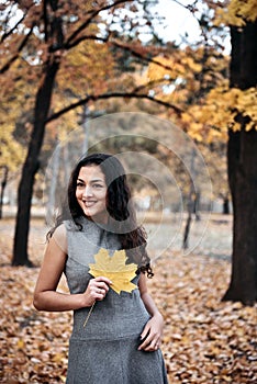 Pretty woman posing with maple`s leaf in autumn park near big tree. Beautiful landscape at fall season