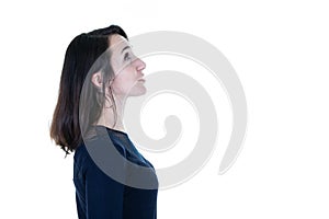 Pretty woman profile portrait with empty copy space and white background