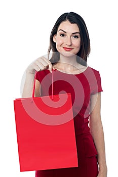 Pretty woman with a red shopping bag