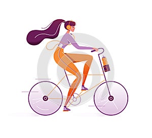 Pretty woman rides a bike. Girl riding bicycle with a bottle of water in basket. Young female character listening music