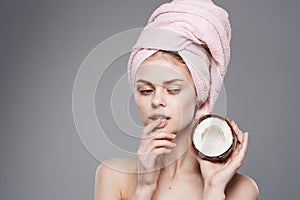 Pretty woman shower clean skin spa treatments with towel on head