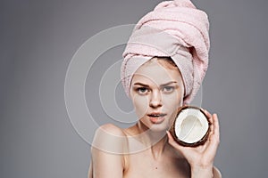 Pretty woman shower clean skin spa treatments with towel on head