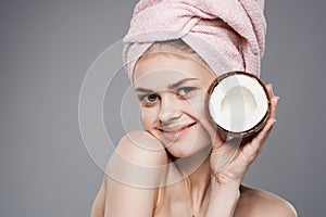 Pretty woman shower clean skin spa treatments with towel on head