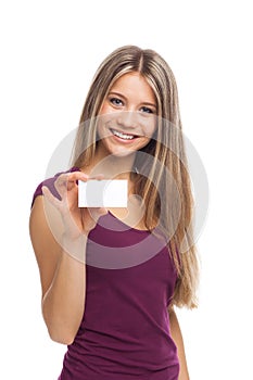 Pretty woman showing blank visit card