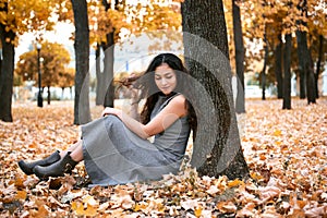 Pretty woman is sitting in autumn park near big tree. Beautiful landscape at fall season