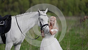 pretty woman is stroking calm white horse at nature, portrait of romantic bride with equine on field