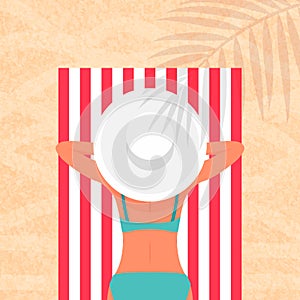 Pretty Woman is Sunbathing. Young Lady, Girl Wearing Bikini and White Hat Lying on the Beach on a White and Red striped