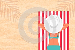 Pretty Woman is Sunbathing. Young Lady, Girl Wearing Bikini and White Hat Lying on the Beach on a White and Red striped