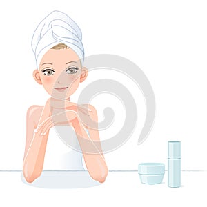 Pretty woman in towel smiling with skincare cosmetics