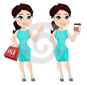 Pretty woman in vibrant dress, holding coffee and holding paper bag for sale.