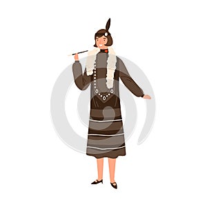 Pretty woman in vintage apparel hold mouthpiece vector flat illustration. Smiling stylish female demonstrate style of