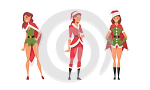 Pretty Woman Wearing Red Santa Claus Costume Standing with Beaming Smile on Her Face Vector Set