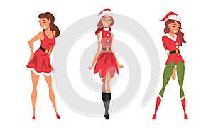 Pretty Woman Wearing Red Santa Claus Costume Standing with Beaming Smile on Her Face Vector Set