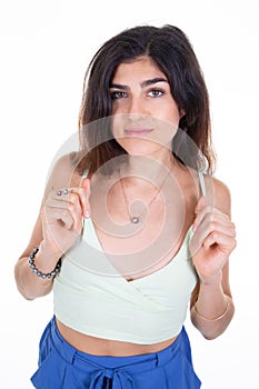 Pretty woman young brunette pose in white background