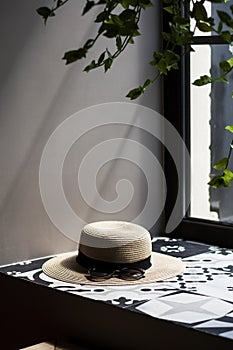 A pretty women`s thatch hat with black stripe and sunglasses laying on the window sill, a green plant and window on the backgroun