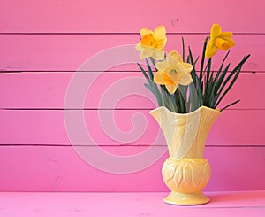 Pretty Yellow Daffodils in Bloom in Spring in Vintage Vase on Bright Pink Wood Board Background with room or space for copy, text