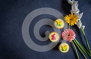 Pretty yellow vegan Easter cupcakes with colorful pastel icing shapes of Easter bunny rabbits, chicks and vegan wording, together