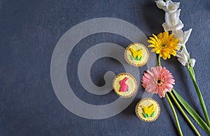 Pretty yellow vegan Easter cupcakes with colorful pastel icing shapes of Easter bunny rabbits, chicks and vegan wording, together