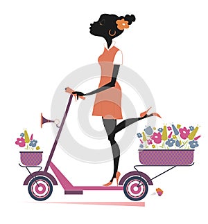 Pretty young African woman, scooter, bouquets of flowers