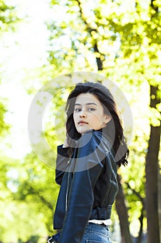 Pretty young asian woman smiling cheerful in green park on summer sunny day, lifestyle people concept