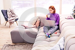 Pretty young beaming girl in a violet sweater spending a day at home