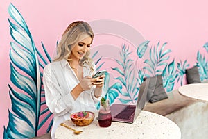 Pretty Young Beauty Woman Using Laptop in cafe, outdoor portrait business woman, hipster style, internet, smartphone