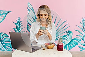 Pretty Young Beauty Woman Using Laptop in cafe, outdoor portrait business woman, hipster style, internet, smartphone