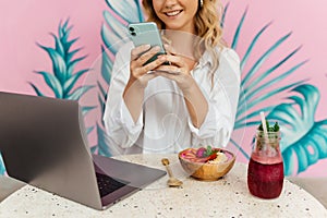Pretty Young Beauty Woman Using Laptop in cafe, outdoor portrait business woman, hipster style, internet, smartphone