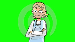 Pretty young blonde girl looks with suspicion and disbelief looped cartoon animation isolated on green screen