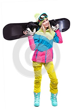 Pretty young blonde woman in colorful snow coat hold snowboard