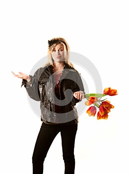 Pretty young blonde woman with plastic flowers