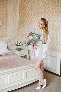 Pretty young Bride`s wedding morning