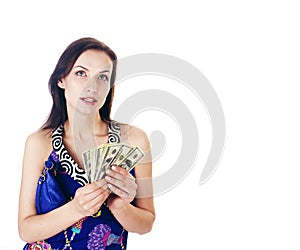 Pretty young brunette real modern woman with money cash isolated