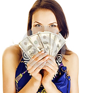 Pretty young brunette real modern woman with money cash isolated on white background happy smiling, lifestyle people