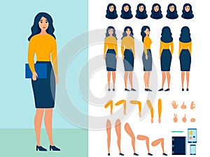 Pretty young business woman constructor in a flat style. Parts of the body of the legs and hands, facial emotions