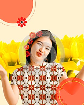 Pretty young chinse girl in blouse with ornament design standing over sunflowers background. Contemporary art collage.