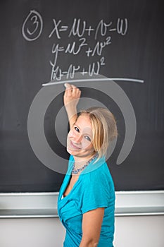 Pretty young college student or teacher washing the chalkboard