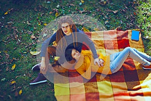 Pretty Young Couple Lying on on the Plaid, Autumn, Hugging Time, Together Picnic