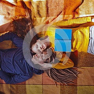 Pretty Young Couple Lying on on the Plaid, Autumn, Hugging Time, Together Picnic