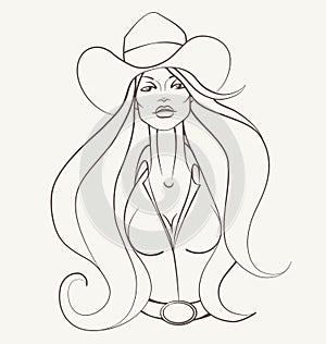 Pretty Young cowgirl woman with flowing hair