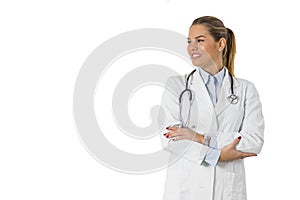 Pretty young female doctor on the white background