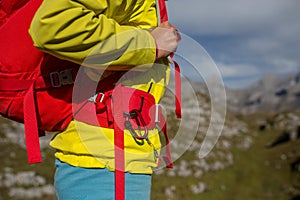 Pretty, young female hiker walking in high mountains