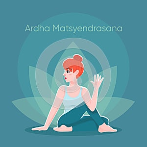 Pretty young female train yoga asana ardha matsyendrasana sitting on floor with lotus background