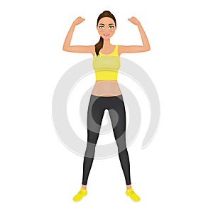 Pretty young fit woman showing her biceps. Smiling girl in leggings and crop top. Isolated vector character.