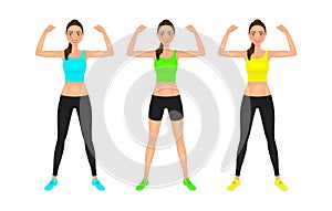 Pretty young fit woman showing her biceps. Smiling girl in sportswear. Isolated characters set.